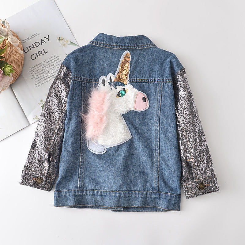 Girls Unicorn Sequin Denim Jacket 2025 Spring Autumn Top