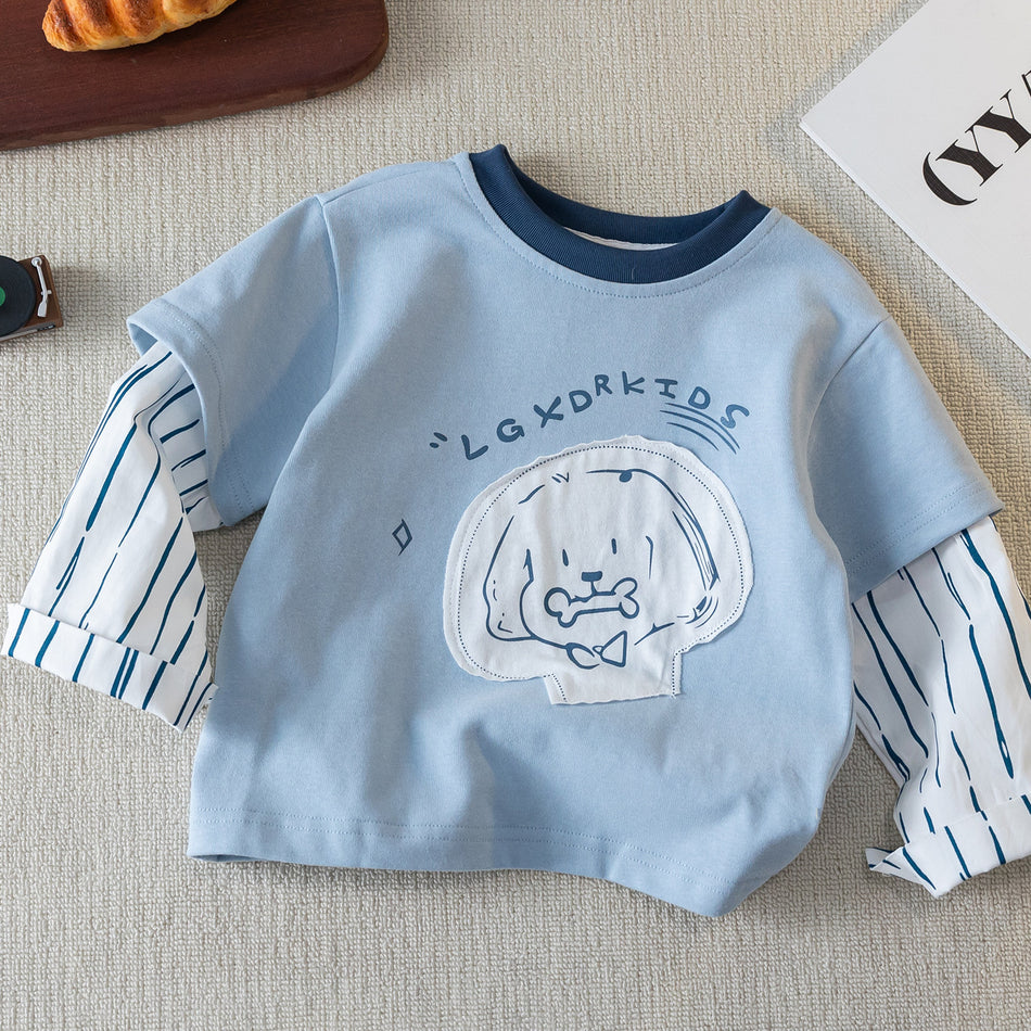 2026 Spring Kids' Fake Two-Piece Striped Cartoon Top