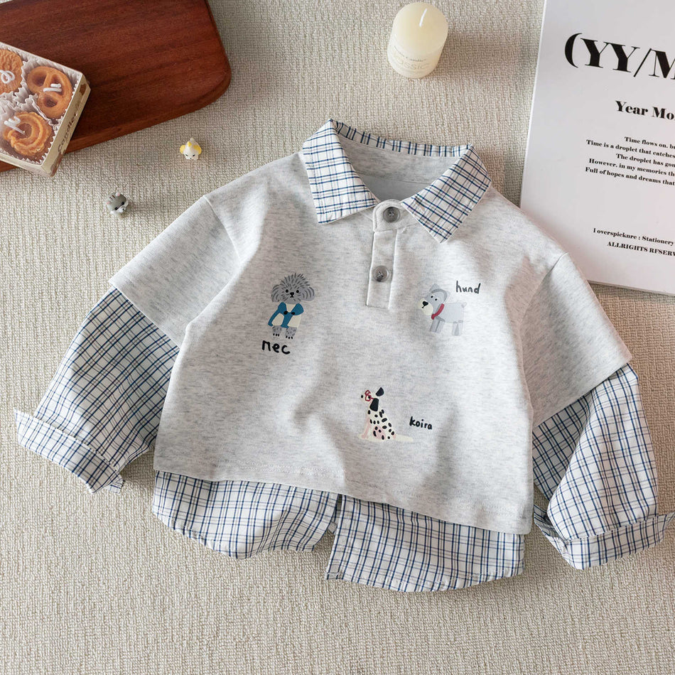 Kids Cartoon Fake Two-Piece Long-Sleeve Shirt 2025