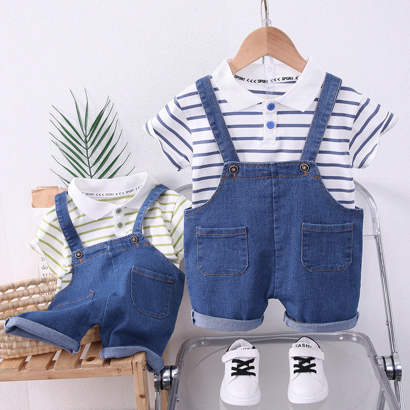 Boys 2024 Summer Denim Suspender 2-Piece Suit