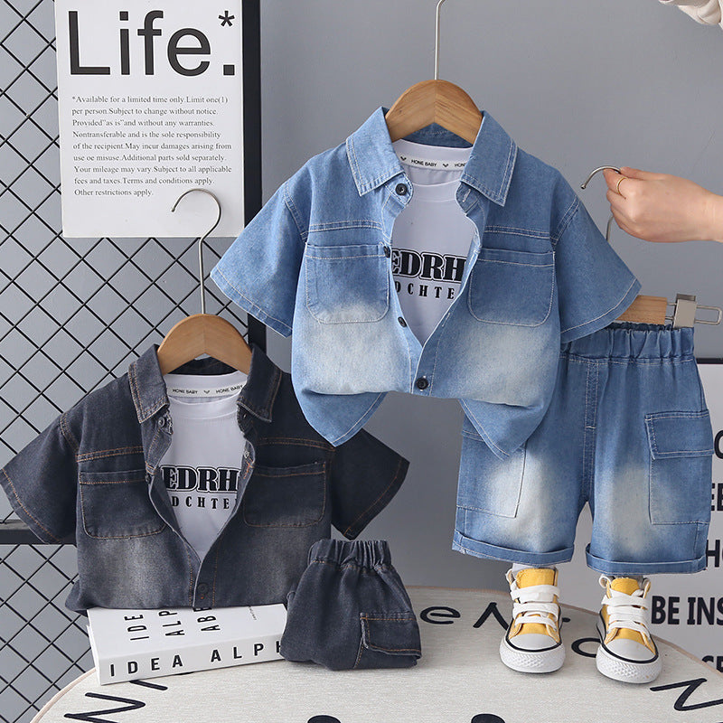 Boys 2026 Summer Denim Spray White 3-Piece Set