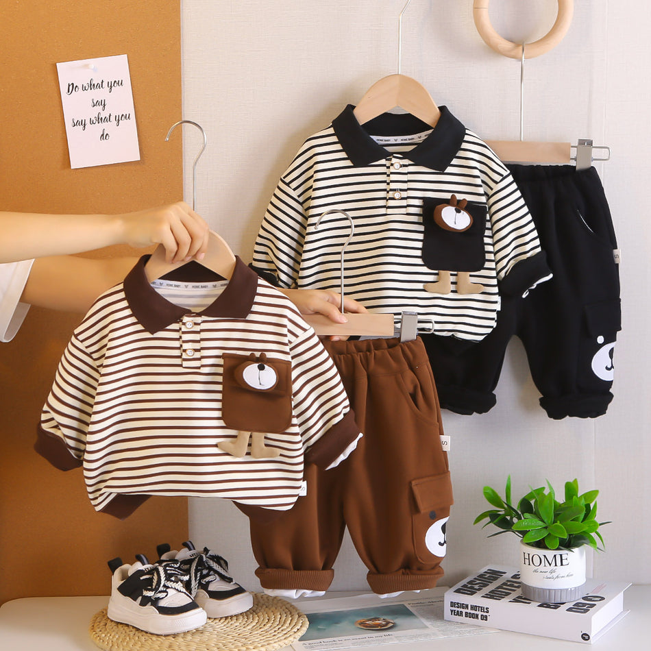 Boys 2025 Autumn Striped Bear 2-Piece Suit