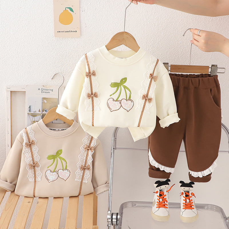 Girls 2025 Spring Autumn Bow Cherry 2-Piece Suit