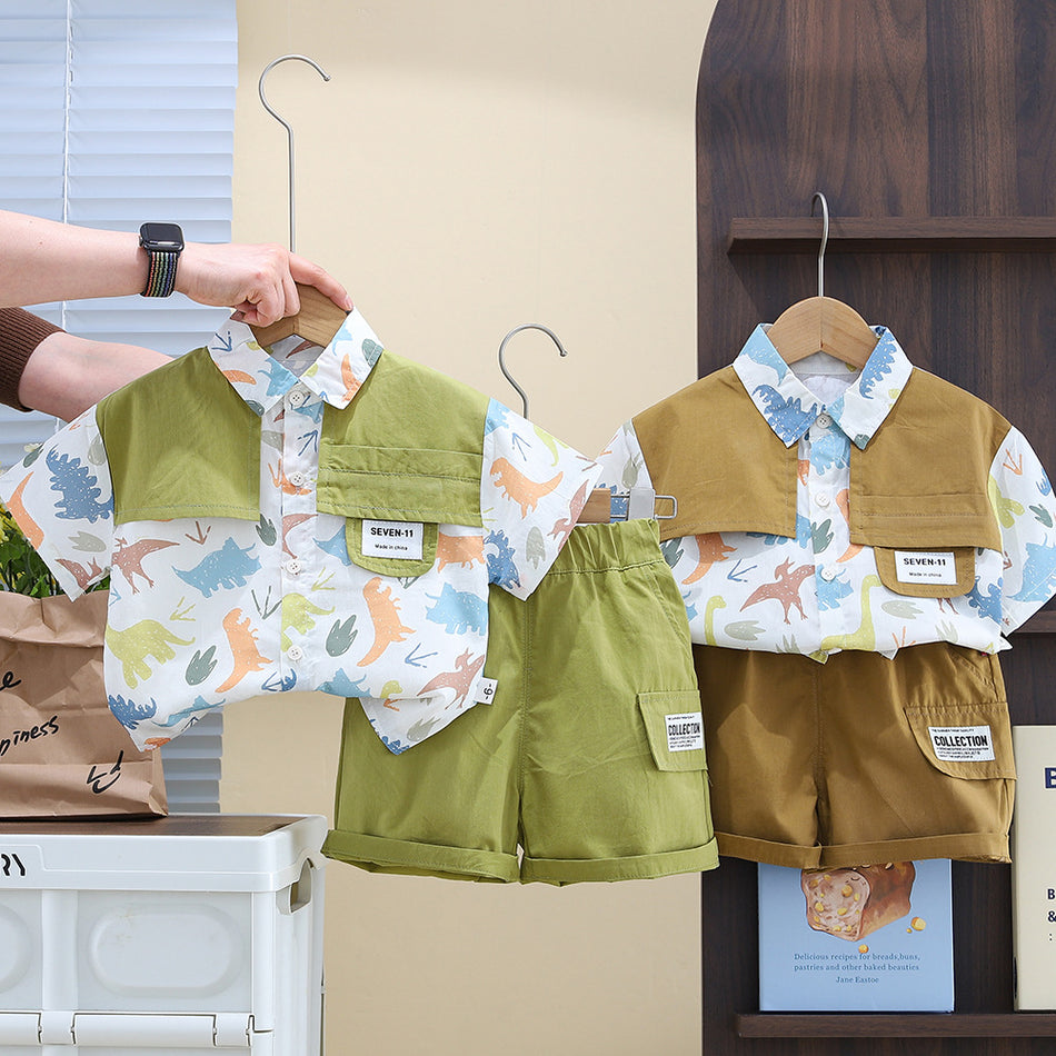 Boys 2025 Summer Dinosaur Fake Vest 2-Piece Suit