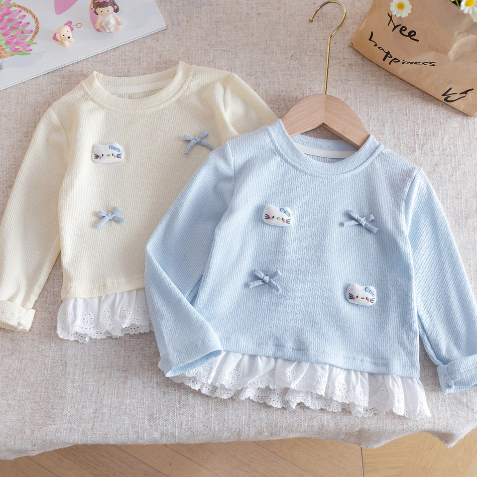 Girls 2026 Spring 3D Cat Lace T-Shirt