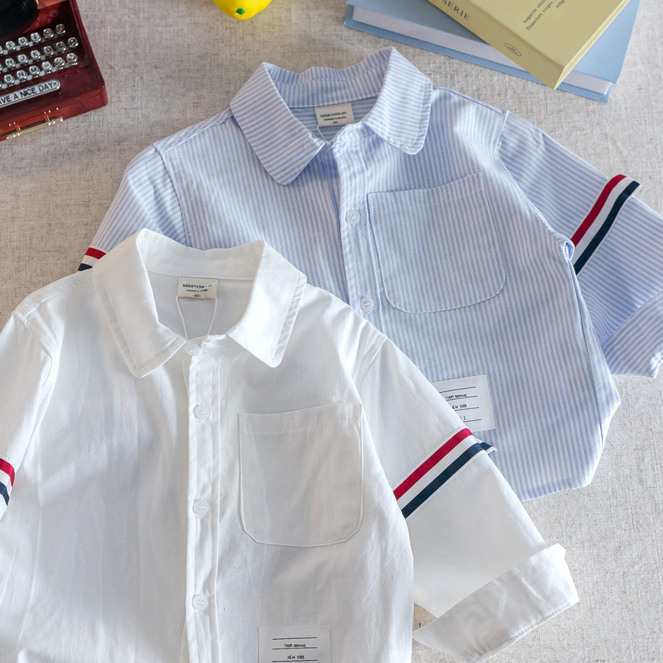 Kids 2025 Autumn Japanese-Style Striped Pocket Shirt
