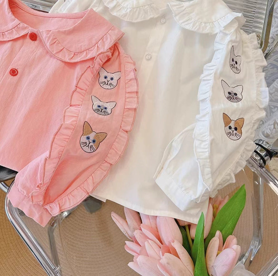 Girls 2025 Spring-Fall Embroidered Cotton Long-Sleeve Shirt