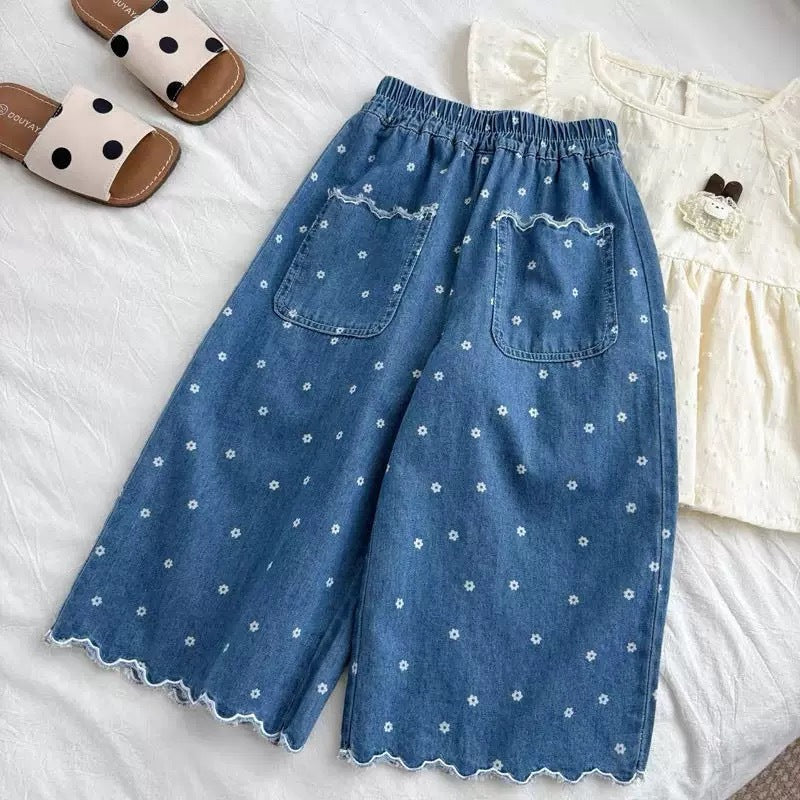 Girls 2025 Summer Lace Floral Wide-Leg Jeans