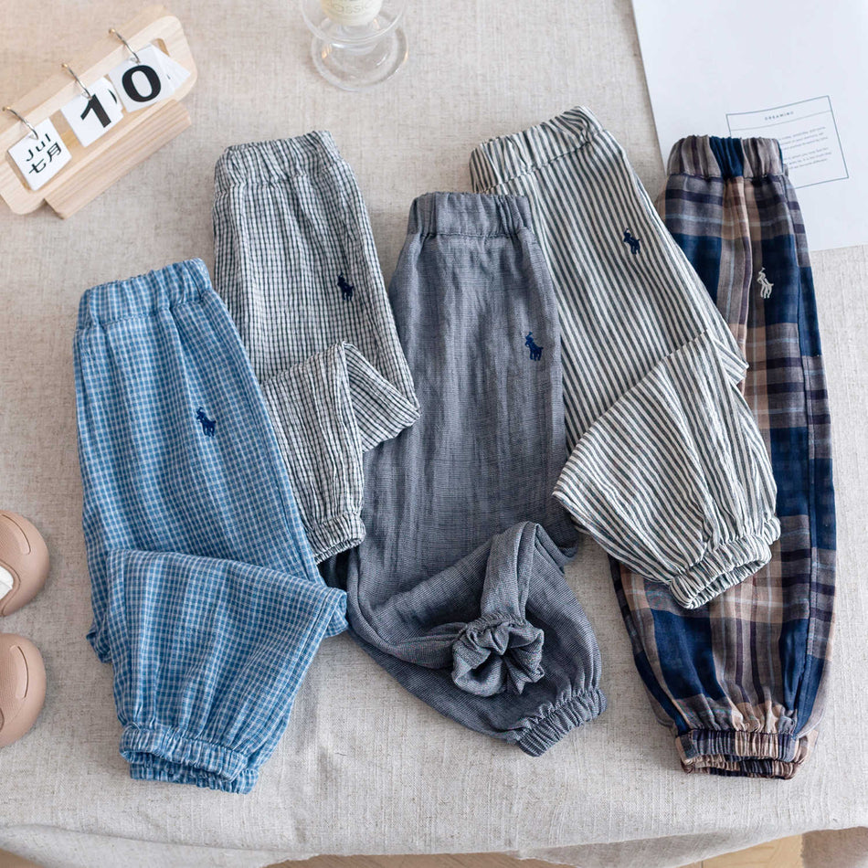 Kids 2025 Summer Cotton Linen Anti-Mosquito Plaid Pants