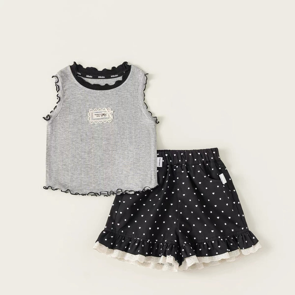 Girls Korean Vest & Polka Dot Shorts Summer Set