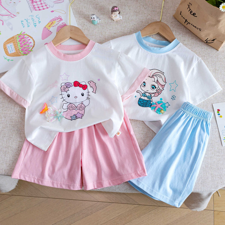 Girls Korean Cartoon T-Shirt & Shorts Summer Set