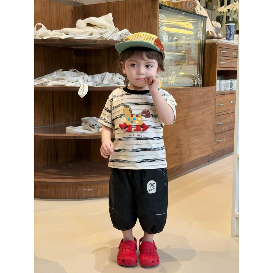 Boys Korean Cartoon T-Shirt & Denim Shorts Set 2026