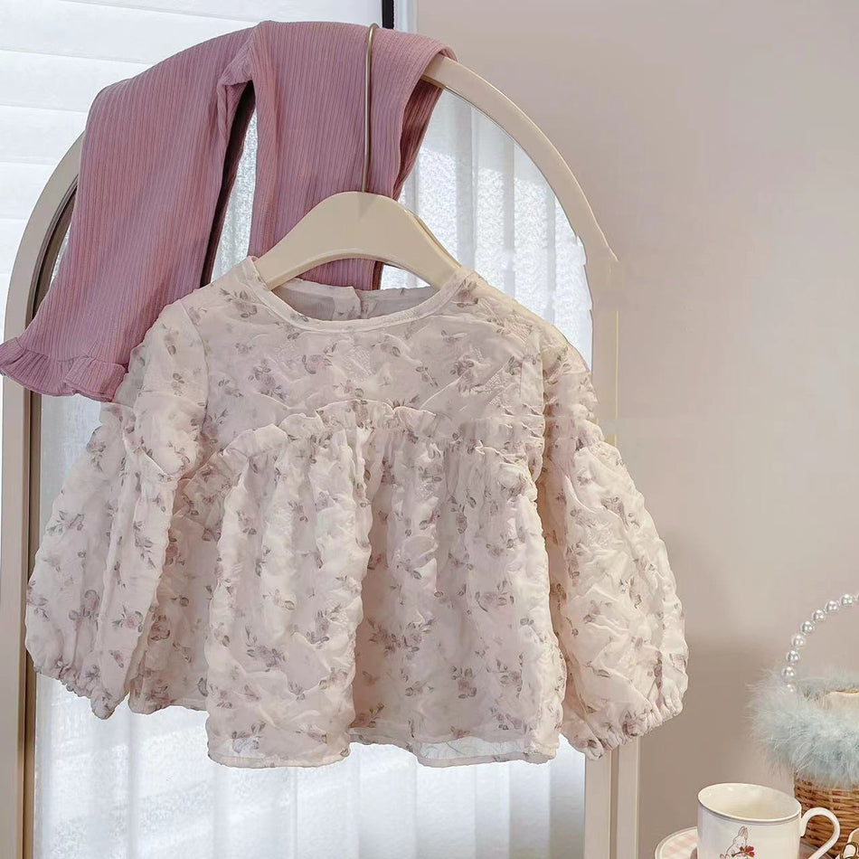 Girls Puff Sleeve Floral Top & Lace Pants Set