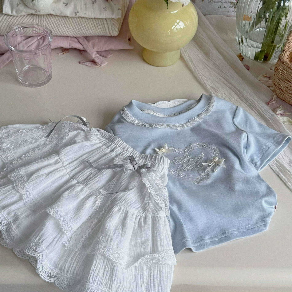 Girls Lace Collar Top & Bow Skirt Set 2025