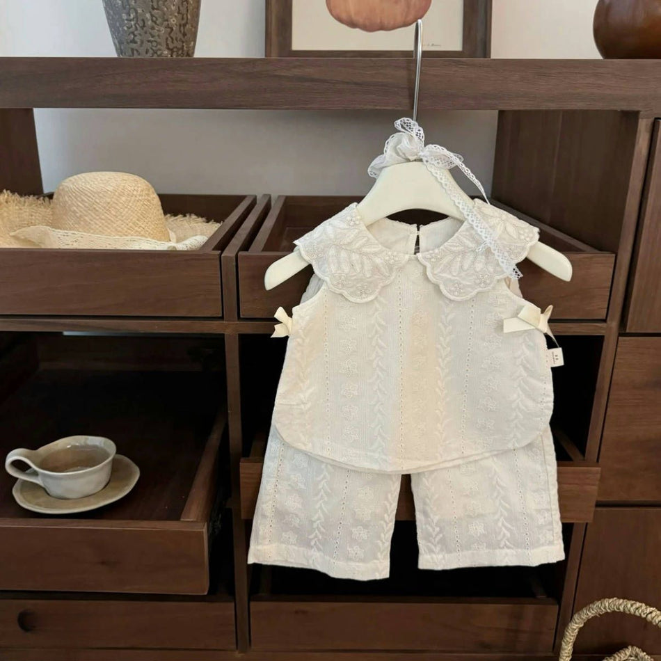 Girls Cotton Bow Vest & Wide-Leg Pants Set 2025