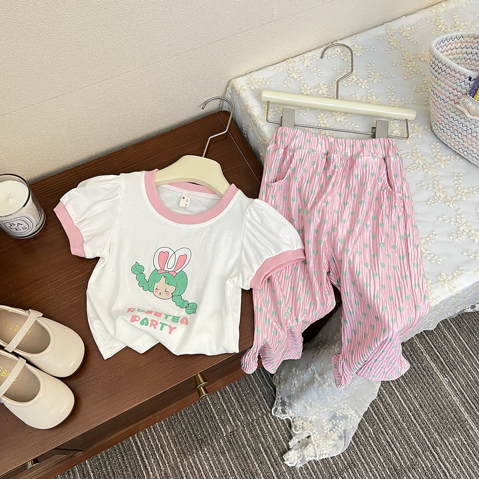Girls Summer Short Sleeve Top & Love Pants Set 2025