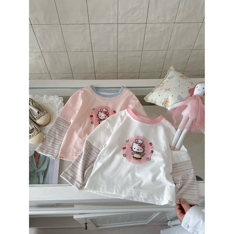 Girls Fake Two-Piece Cartoon Long Sleeve Top 2025