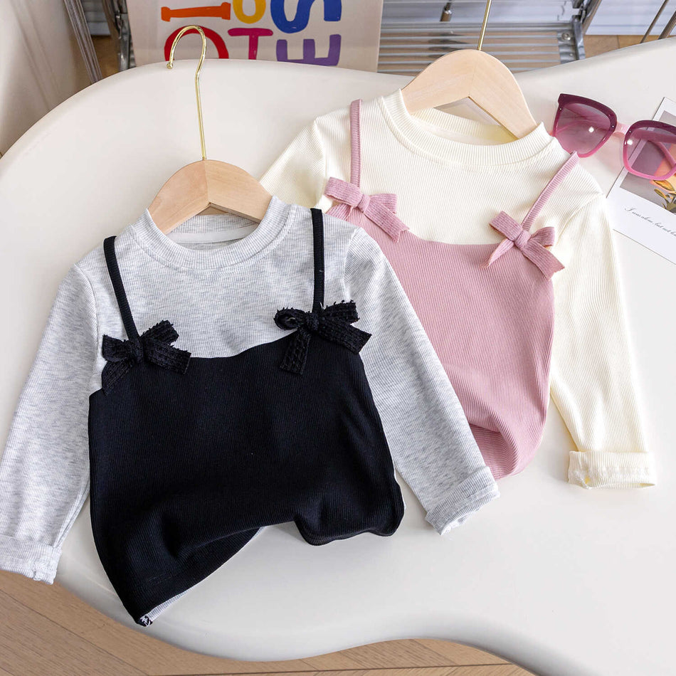 Girls Bowknot Fake Two-Piece Top Autumn 2025