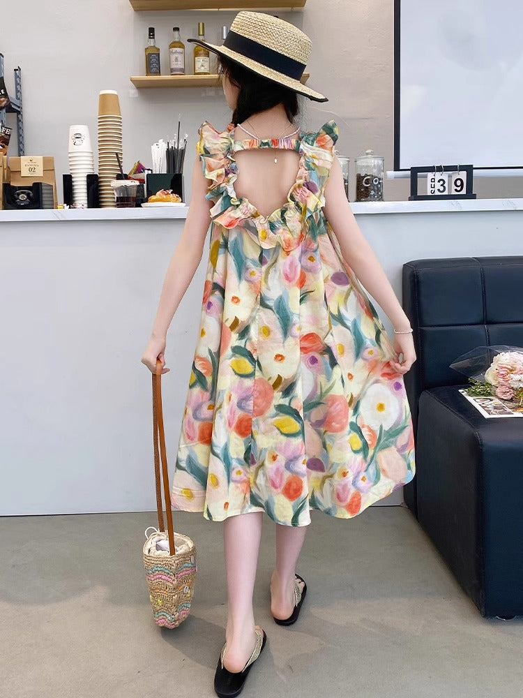 2025 Girls Flying Sleeve Sleeveless Beach Dress