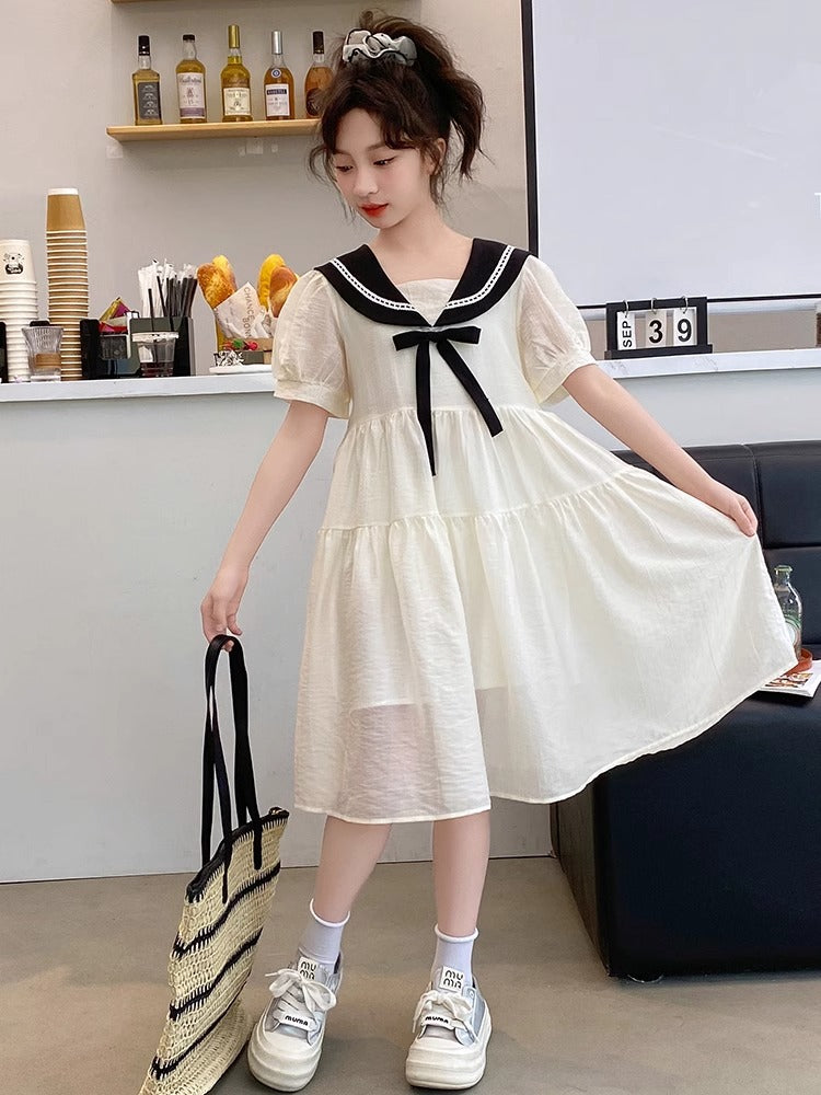 2025 Girls Navy-Style Short-Sleeve Princess Dress