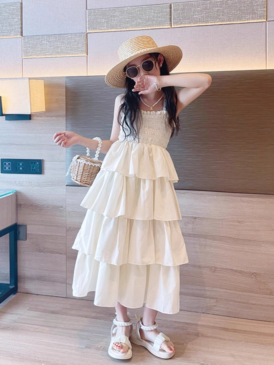 Children's Skirt Summer 2025 New Girls' Cake Skirt Summer Dress Princess Girl Holiday Strap Seaside dress