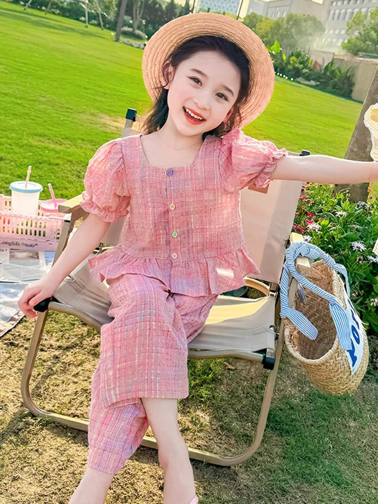 2025 Girls Plaid Summer Two-Piece K-Style Set