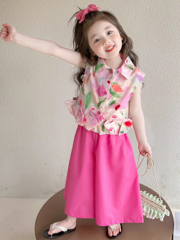 2025 Girls Floral Summer Two-Piece Vest & Pants Set