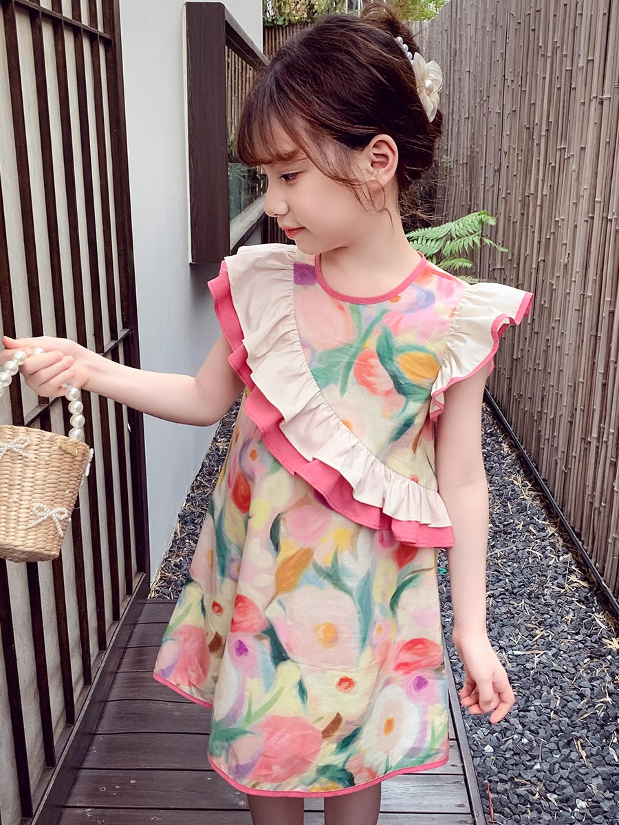 Girls Floral Princess Dress 2025 Summer Flying Sleeve