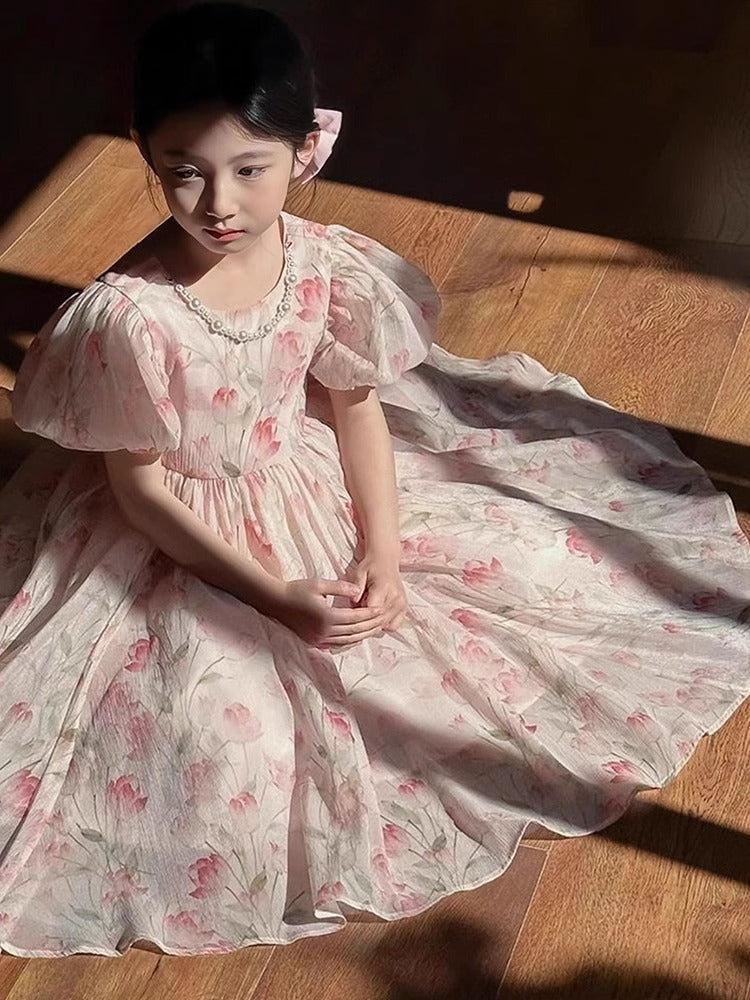 Girls Floral Puff Sleeve Dress 2024 Summer