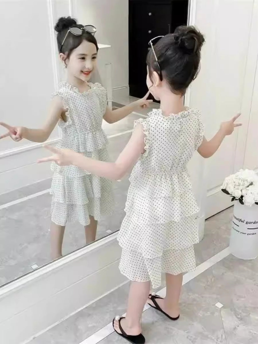 Girls Chiffon Wave Dot Princess Dress 2025