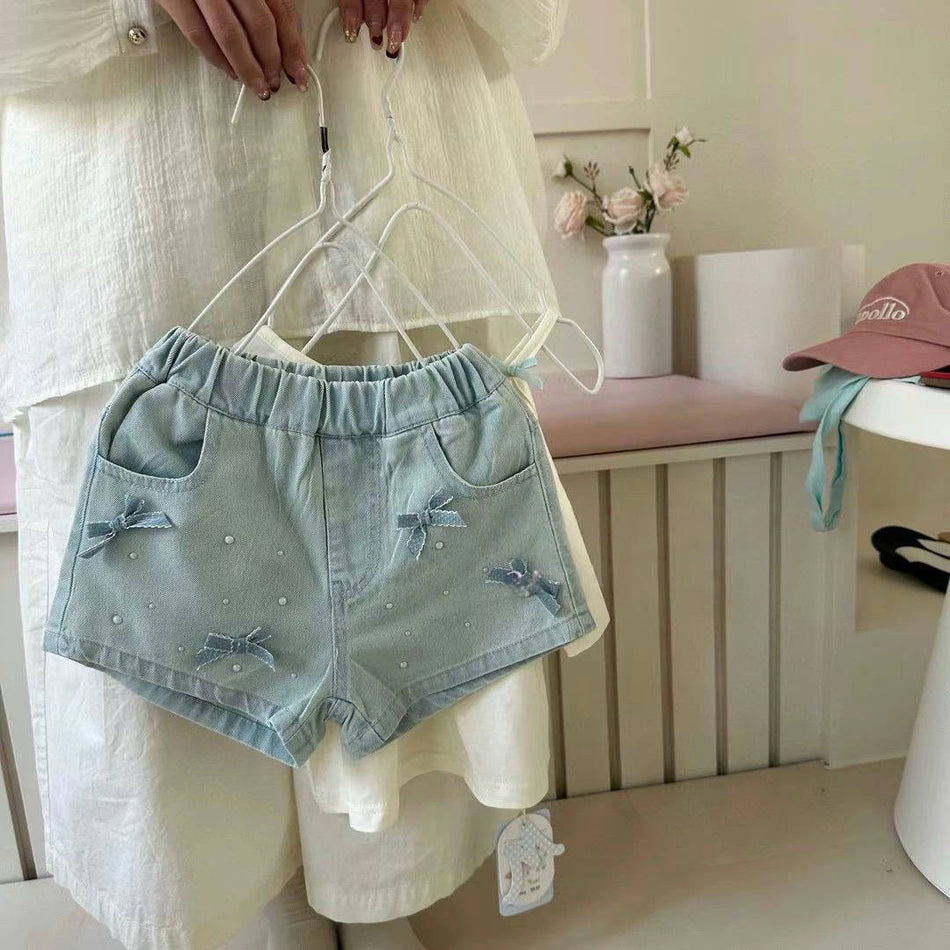 Girls Korean Denim Shorts 2025 Stylish Bow Summer Wear