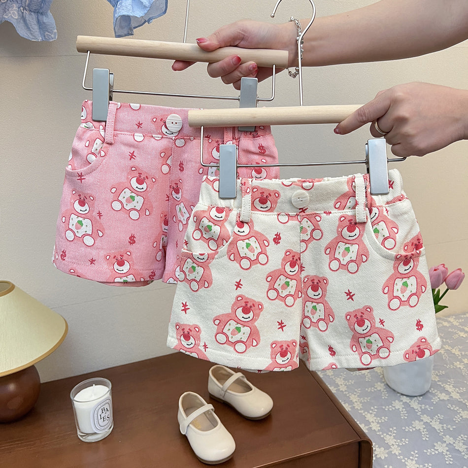 Girls Strawberry Bear Denim Shorts 2025 Summer Trendy