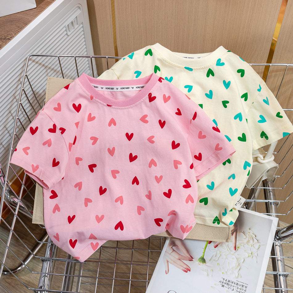 Girls Heart Print Summer T-Shirt 2025 Korean Style