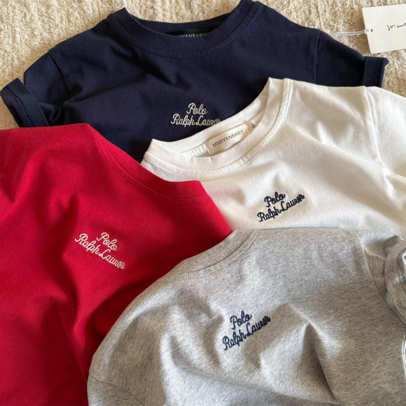 Children's Short-sleeved Summer Boys and Girls Japanese Style Trendy Brand Red Embroidered Letter Baby Base Shirt Children's Western Style T-shirt