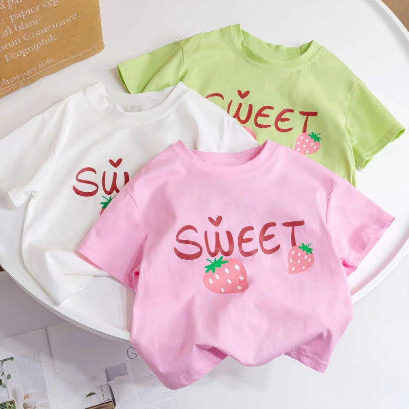Girls Cotton T-Shirt 2024 Summer Cute Round Neck Top