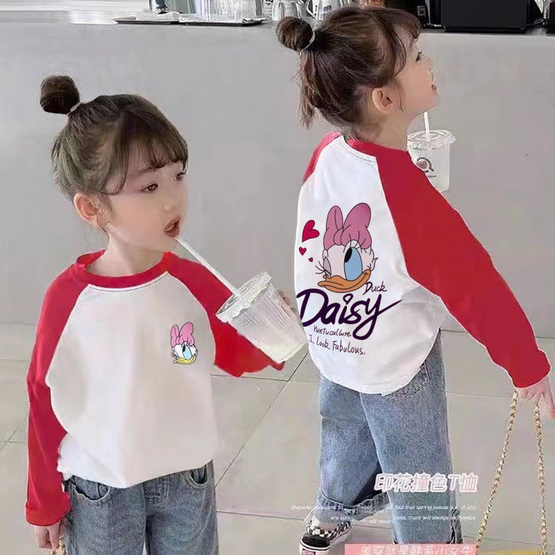 Girls Color-Blocked Cotton T-Shirt 2025 Korean Style