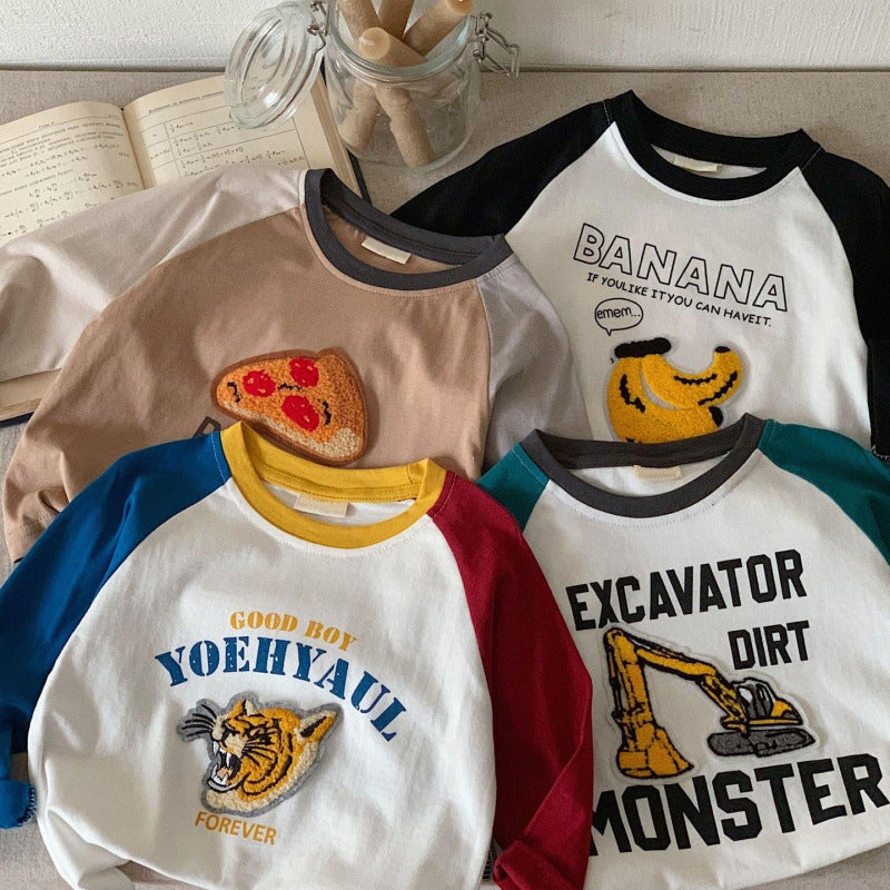 Pure Cotton Kidsren's Long-Sleeved T-Shirt Cartoon Stereo Patchwork Round Neck Color Matching Baby Spring & Fall Kidsren's Clothing Bottoming Shirt for Boys and Girls