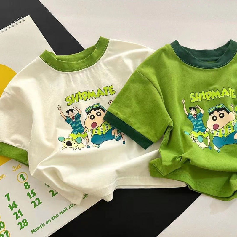 Kids Cotton Cartoon T-Shirt 2026 Summer Contrast Top