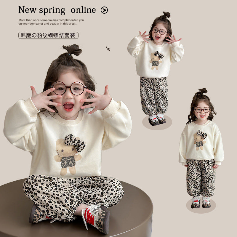2025 Girls’ Leopard Print Spring Sweatshirt Set
