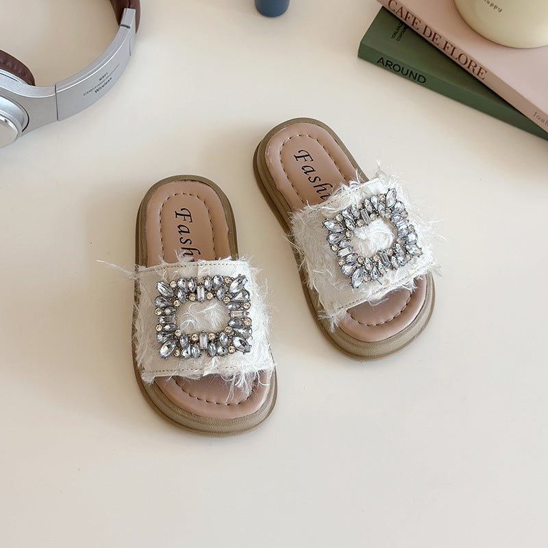2026 Girls’ Rhinestone Buckle Slip-On Sandals