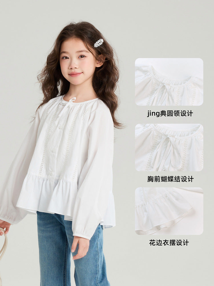 Pudding Haru Girls’ Solid White Bow Round-Neck Shirt