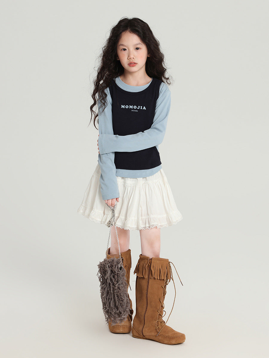 Pudding Haru Kids’ Summer Fake Two-Piece Plaid Tee