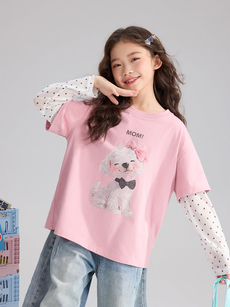 Pudding Haru Girls’ Summer Polka Dot Fake Two-Piece Tee
