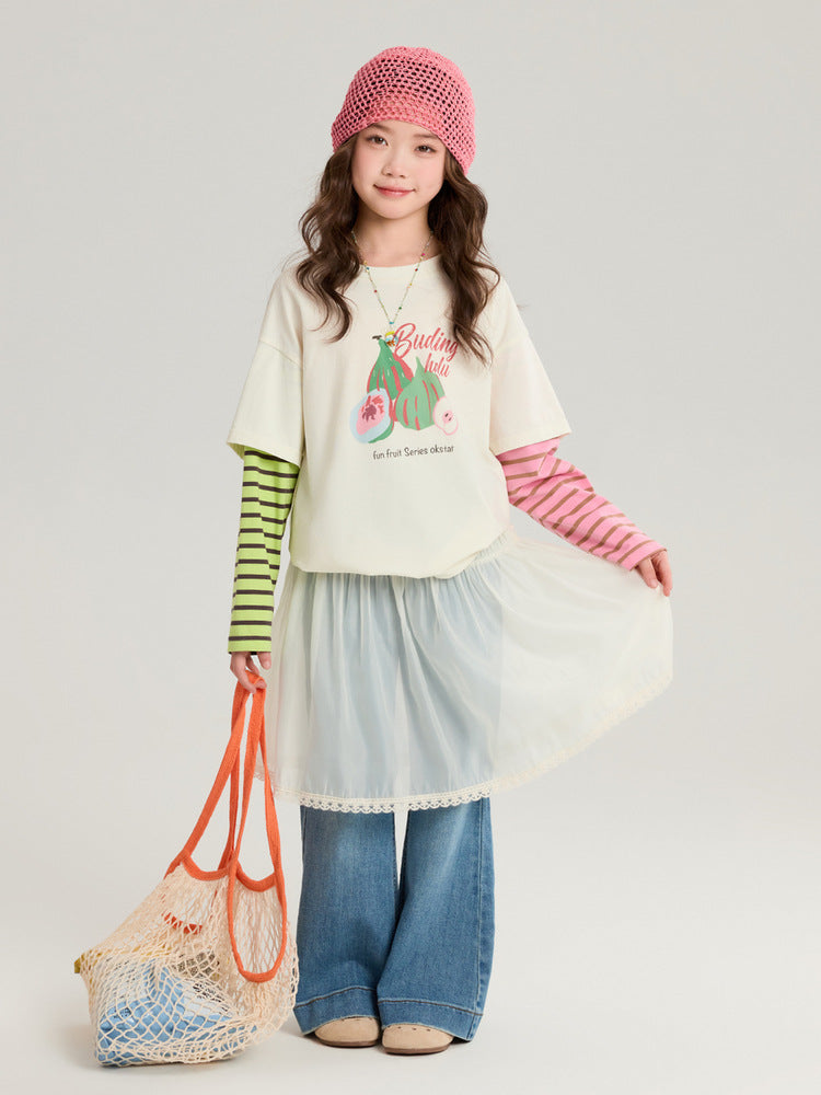 Pudding Haru Girls’ Contrast Color Fake Two-Piece Tee 2026