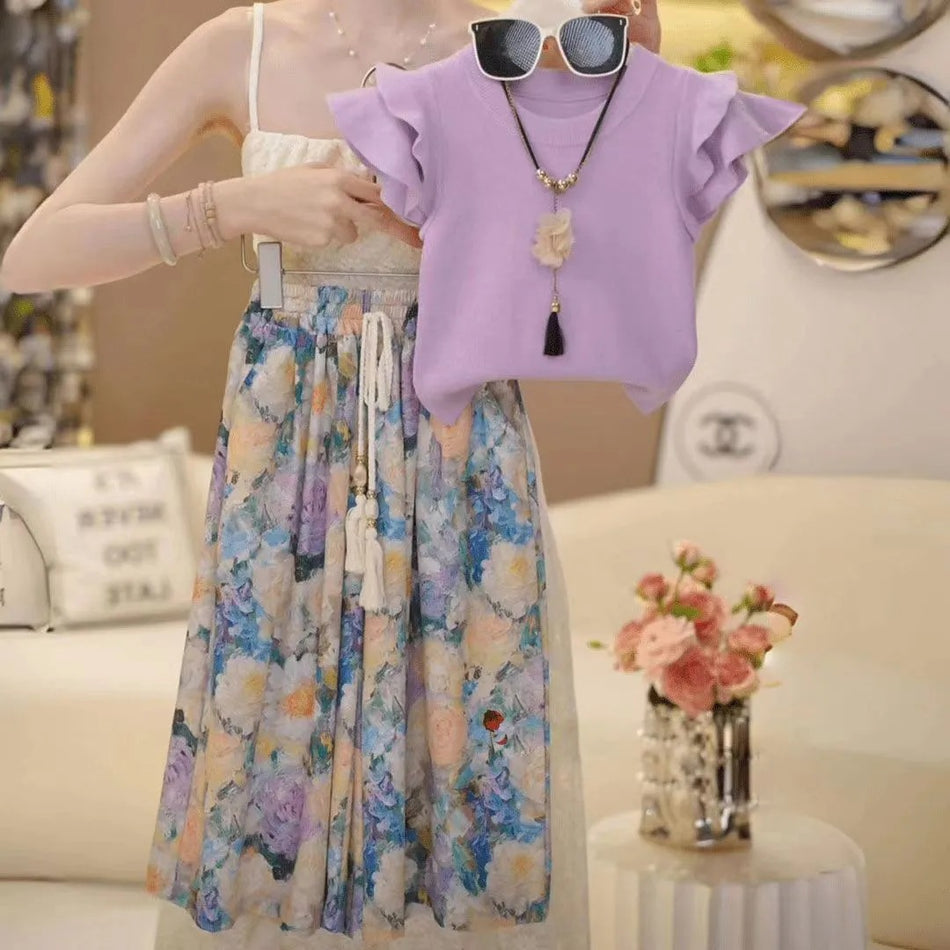 Girls’ Summer 2025 Flutter Sleeve Floral Two-Piece Set