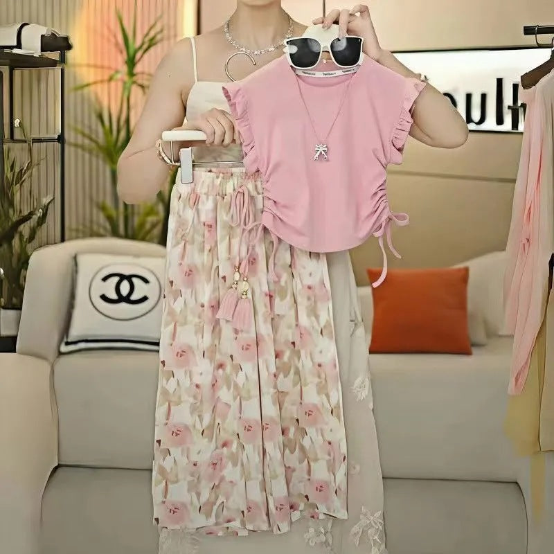 Girls’ Summer 2025 Flying Sleeve Wide-Leg Two-Piece Set