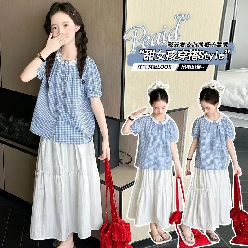 Girls’ Summer 2025 Plaid Two-Piece Korean-Style Set