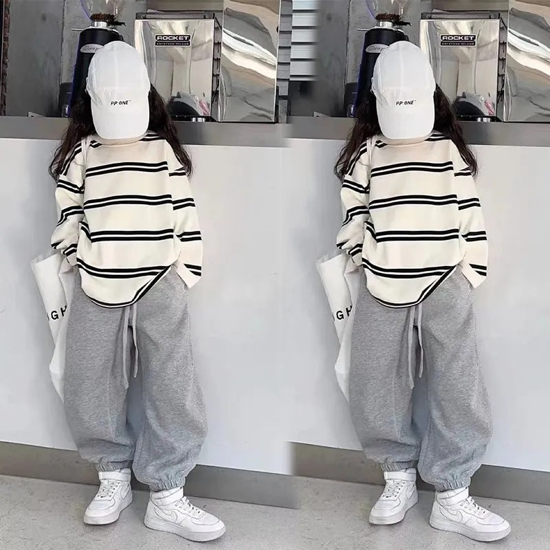 Girls’ Autumn 2024 Korean-Style Striped Two-Piece Set