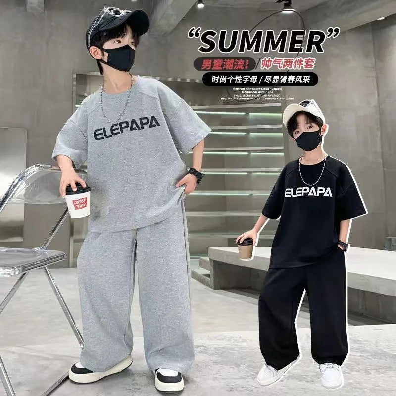 Boys Summer Suit 2025 New Medium and Large Kidsren's Summer Style Boys Korean Style Casual Kidsren's Clothing Two-Piece Summer Trend