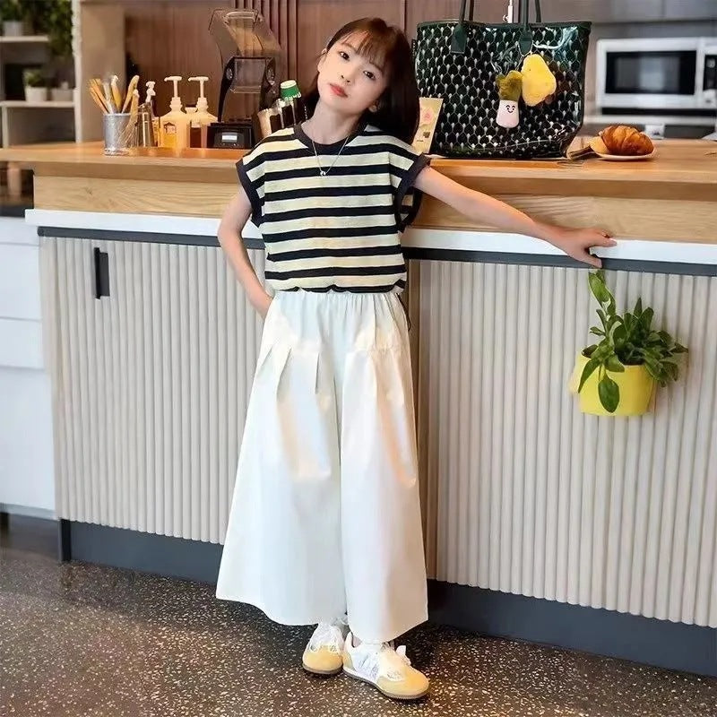 Girls’ Summer 2025 Striped Wide-Leg Two-Piece Set